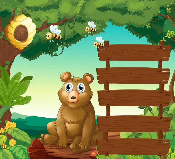 Urso sentado ao lado de sinais de madeira na selva — Vetor de Stock
