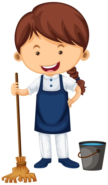 Female cleaner with broom and water bucket — Stock Vector