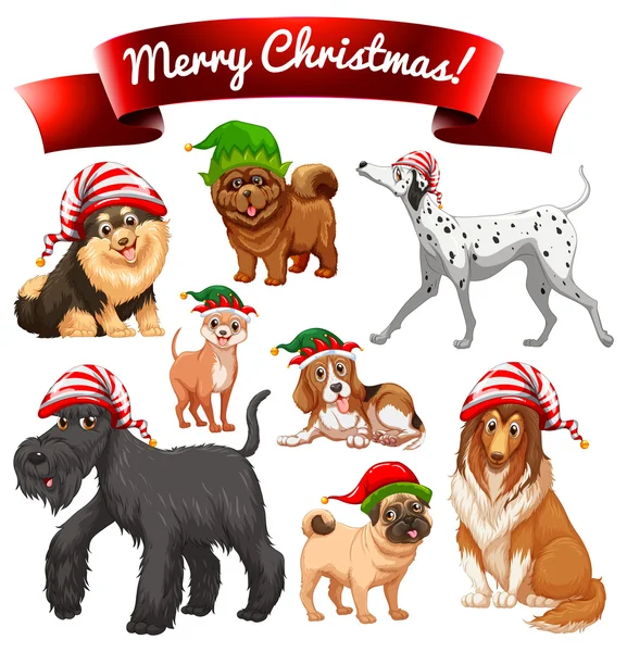 Weihnachtsthema mit Hunden in Elfenhüten — Stockvektor