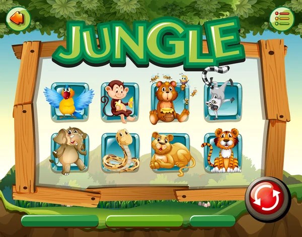 A vadon élő állatok a dzsungelben a játék sablon — Stock Vector