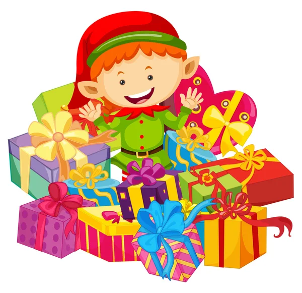 Christmas theme with elf and present boxes — Stock Vector