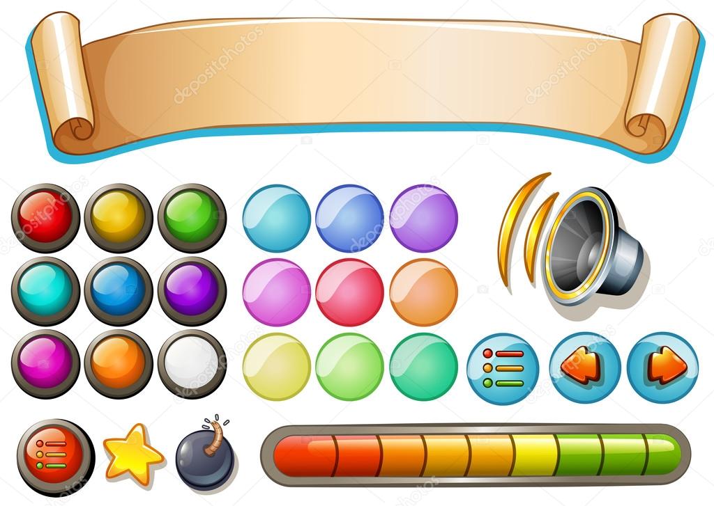 Set of game elements with banner and buttons