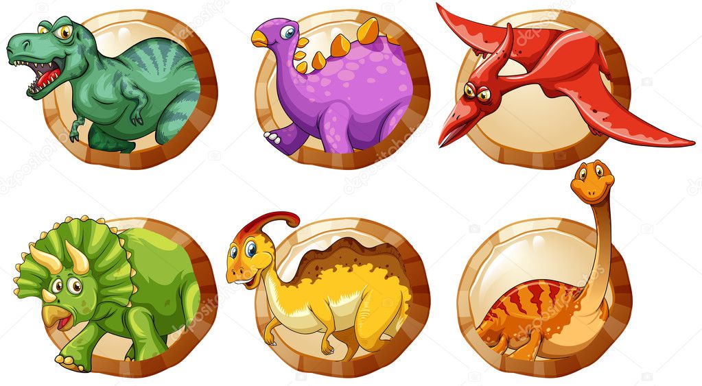 Different types of dinosaurs on round buttons