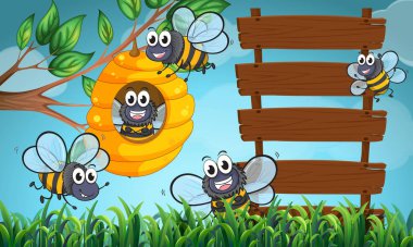 Arılar ve ahşap işareti ile bir manzara