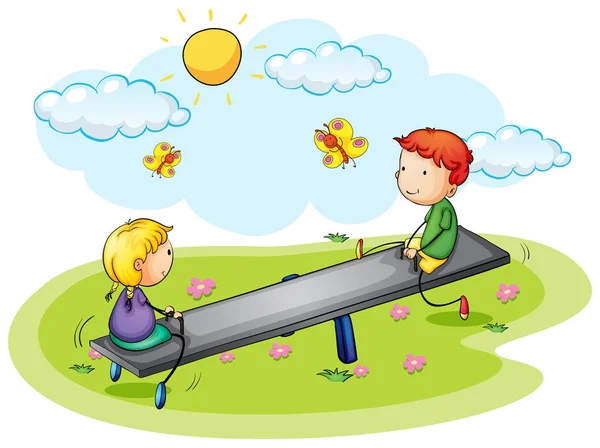 Двое детей играют на качелях в парке — стоковый вектор