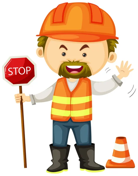 Trabajador de carretera con señal de stop — Vector de stock