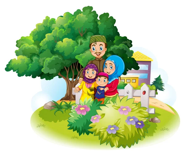 Muslimsk familj i trädgården — Stock vektor