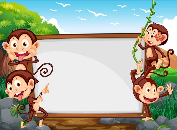 Diseño del marco con cuatro monos en el campo — Vector de stock
