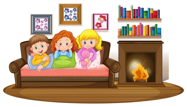 Three kids on sofa by the fireplace — Stock Vector