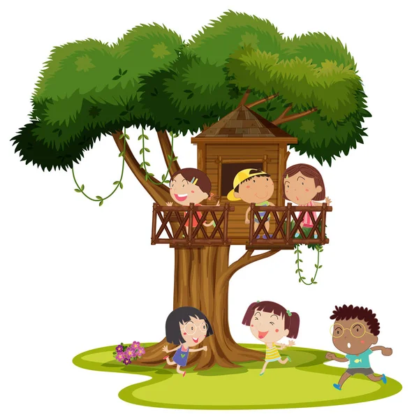 Muchos niños jugando en la casa del árbol — Vector de stock