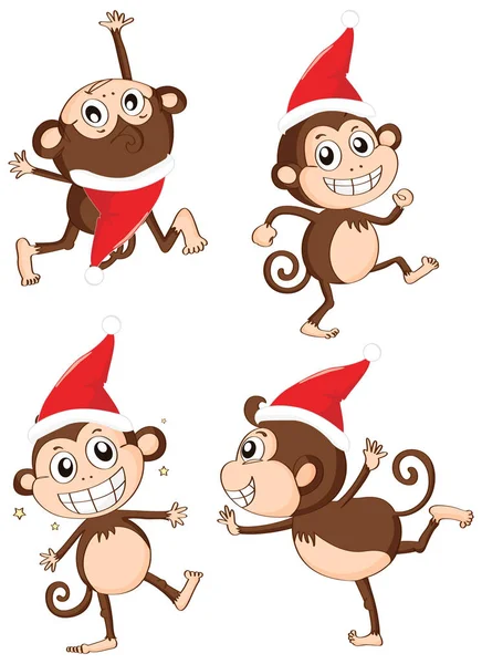 Tema natalizio con scimmie che indossano il cappello di Natale — Vettoriale Stock