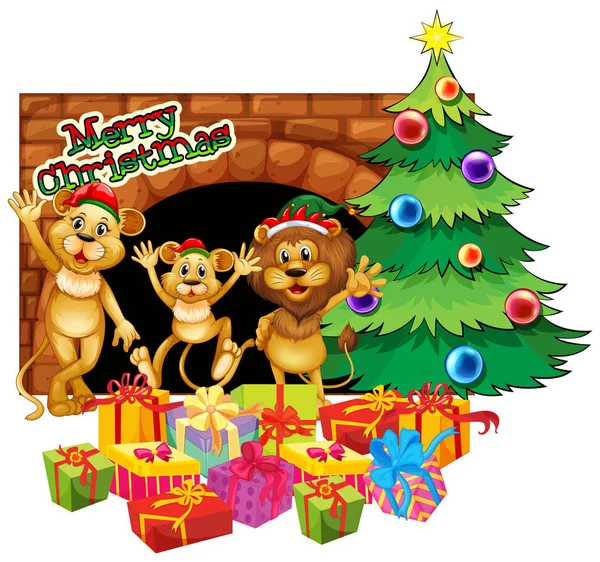 圣诞主题，设有三个狮子和礼物 — 图库矢量图片