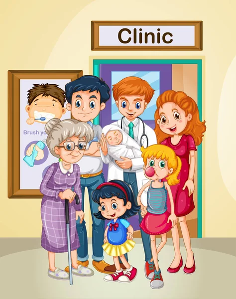 Médico e pacientes na clínica —  Vetores de Stock