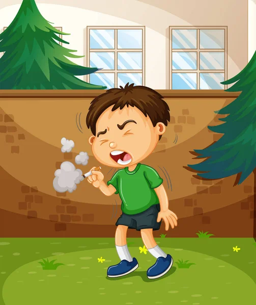 Хлопчик палить сигарету в парку — стоковий вектор