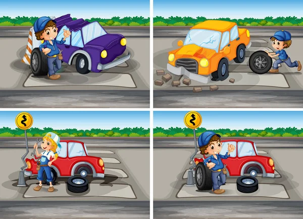Accident scenes with broken car and mechanics Royalty Free Stock Illustrations