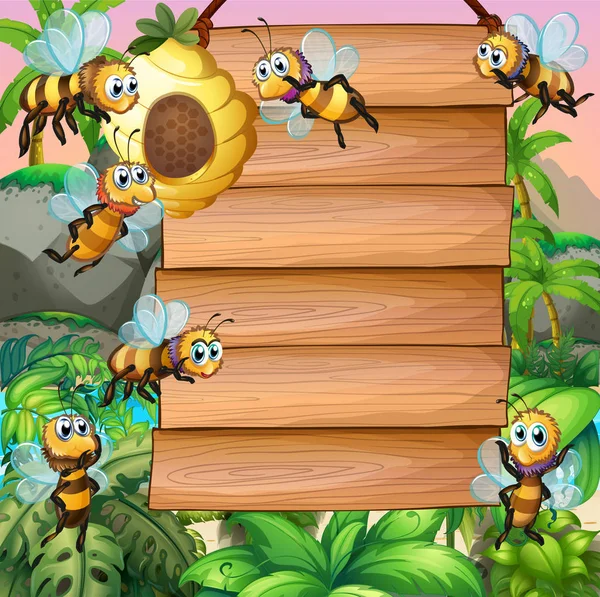 Wooden sign with bee flying in garden — Stock Illustration Wooden sign with bee flying in garden Royalty Free Stock Vectors