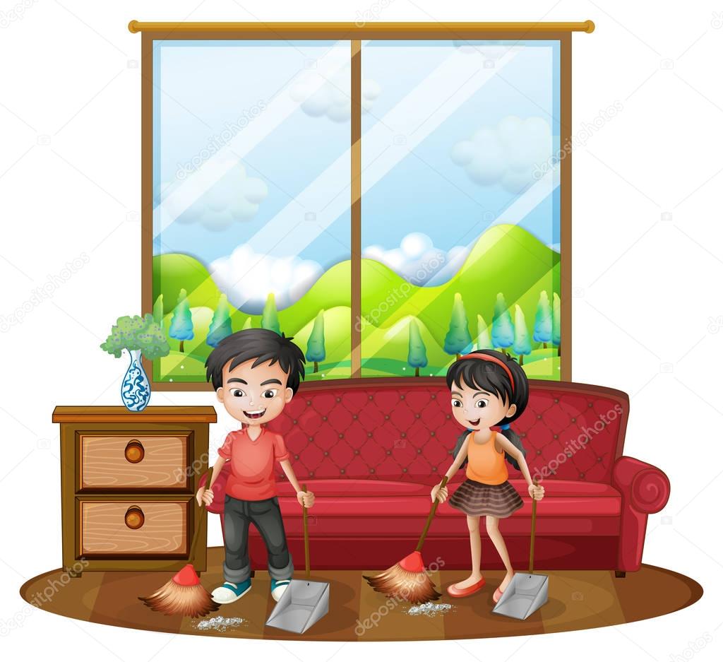Two kids sweeping the floor — Stock Vector © interactimages #129318326
