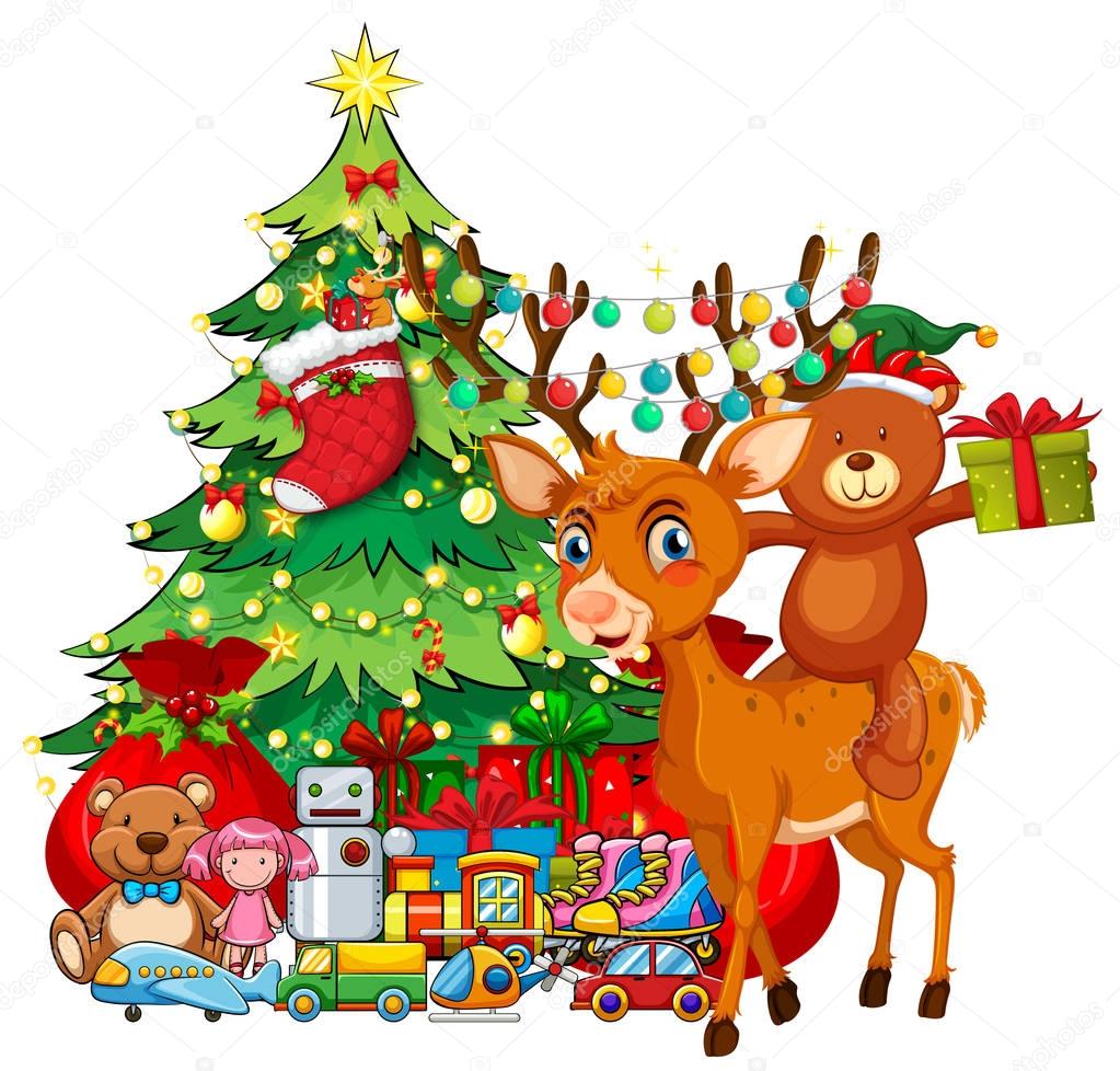 Christmas theme with reindeer and christmas tree