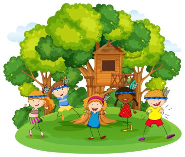 Children playing red indians in the garden clipart