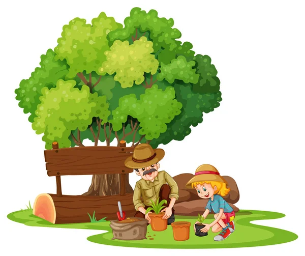 Girl and dad planting the tree — Stock Vector