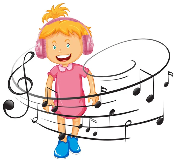 Menina feliz ouvir música por fone de ouvido —  Vetores de Stock
