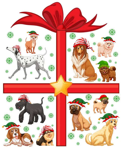 Tema de Natal com cães bonitos e caixa de presente — Vetor de Stock