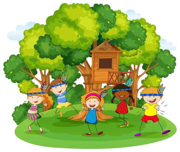 Children playing red indians in the garden — Stock Vector