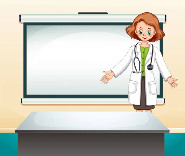 Médico femenino delante de la pantalla blanca — Vector de stock