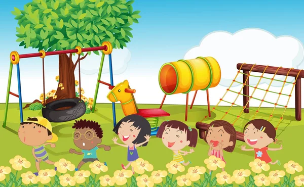 Πολλά παιδιά που παίζουν στο πάρκο — Διανυσματικό Αρχείο