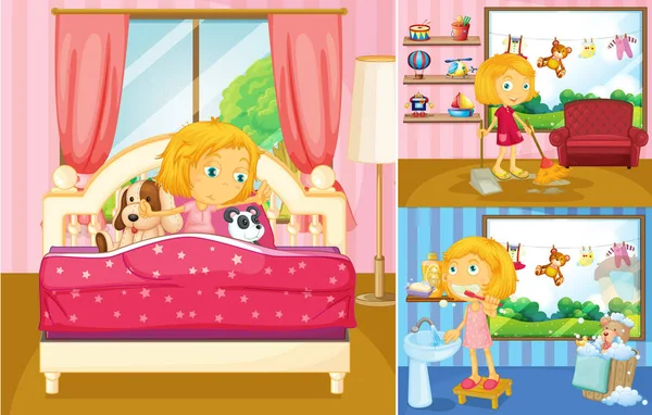 Chica haciendo diferentes actividades en casa — Vector de stock