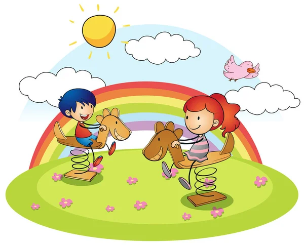 Niño y niña en el caballo mecedora — Vector de stock