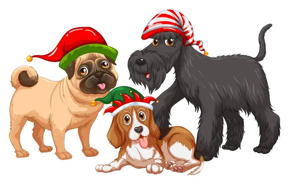 Tema natalizio con cani che indossano cappelli natalizi — Vettoriale Stock