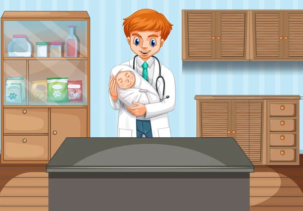 Doctor holding baby in clinic — Stock Vector