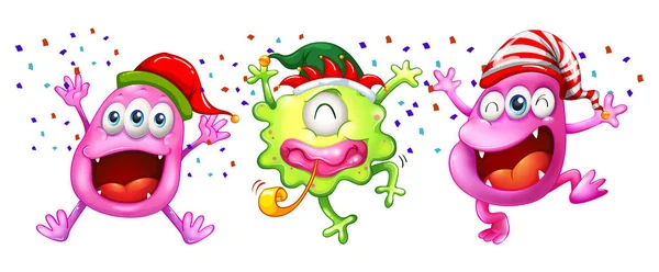 Three monsters wearing party hats — Stock Vector