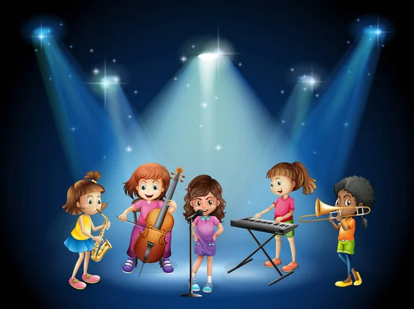 Niños tocando música en concierto — Vector de stock