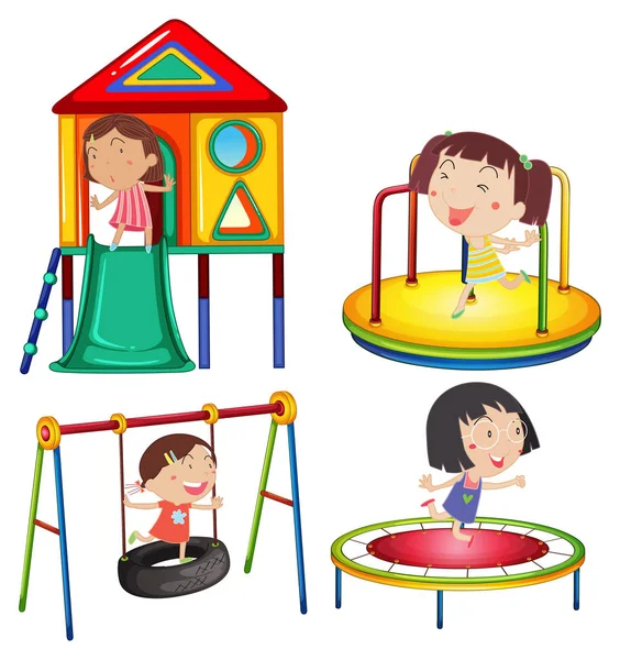 Niños jugando en las estaciones de juego — Vector de stock