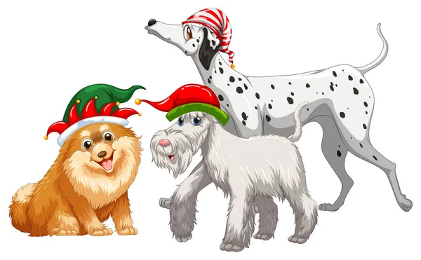 Tema natalizio con tre cani in cappello da festa — Vettoriale Stock