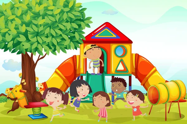 Muitas crianças brincando no playground —  Vetores de Stock