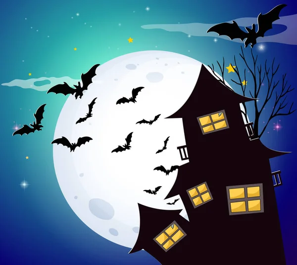 Halloween éjszaka, denevérek és a kísértetjárta ház — Stock Vector