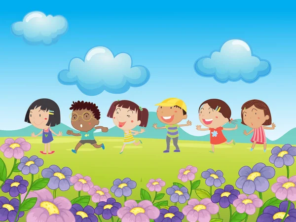 Many kids walking in the park — Stock Vector