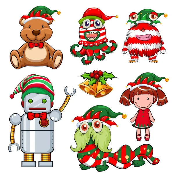 Christmas theme with toys in party hat — Stock Vector