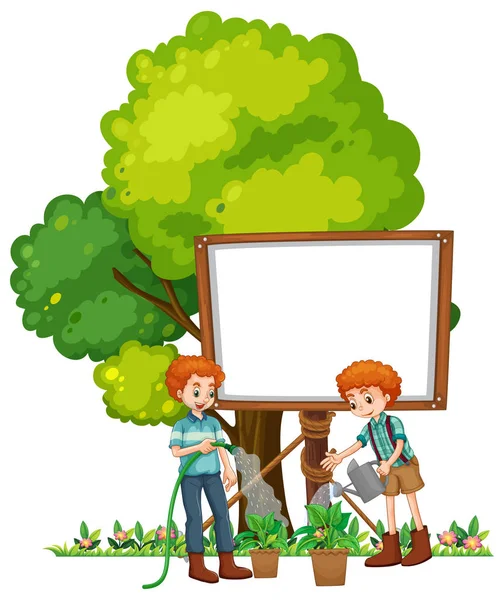 Father and son watering the plants — Stock Vector