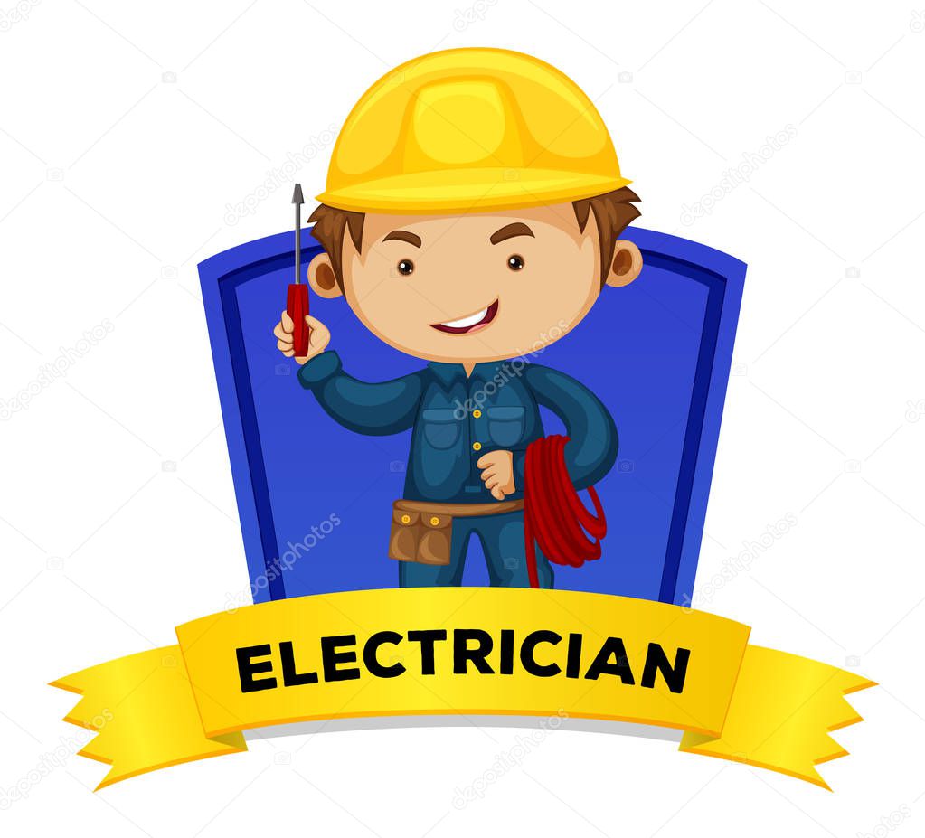 Occupation wordcard with word electrician illustration