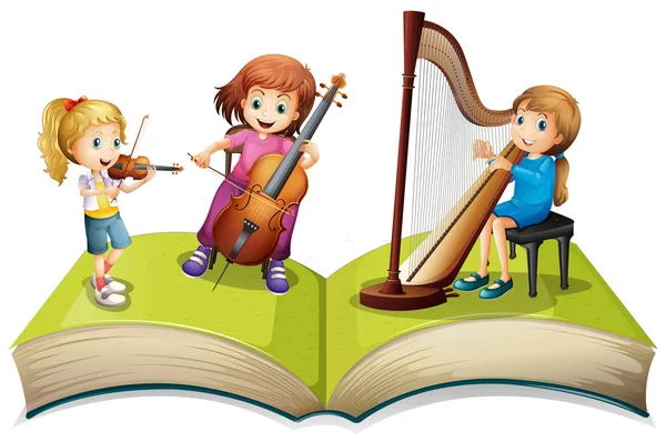 Kinderen, afspelen van muziek op kinderboek — Stockvector