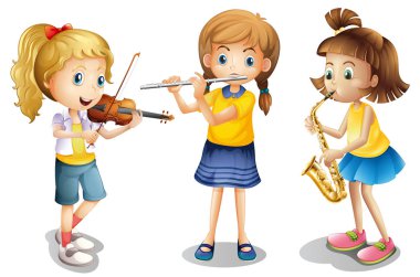 Three girls playing classical instruments