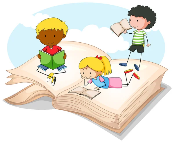 Drie kinderen lezen verhalenboek — Stockvector