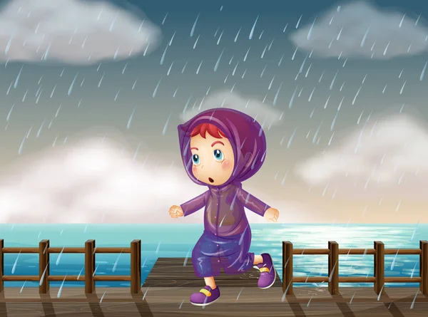 Meisje lopen in de regen op de pier — Stockvector