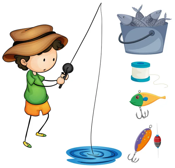 钓鱼和捕鱼项目的男孩 — 图库矢量图片
