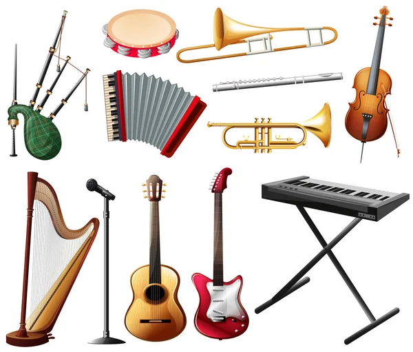 Diferentes tipos de instrumentos musicales en blanco — Archivo Imágenes Vectoriales