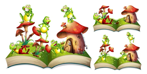 Happy frogs on storybook — Stock Vector